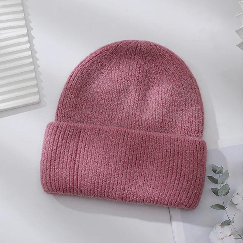 Winter Hats Woman Soft Knit Beanie Warm Rabbit Fur Hat Solid