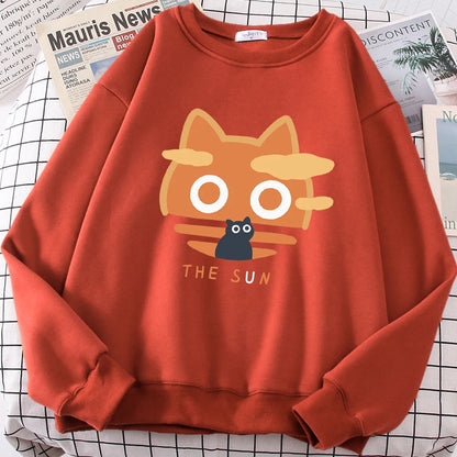 The Sun Orange Cat Fun Cute Print Cartoons Hoody Men Loose