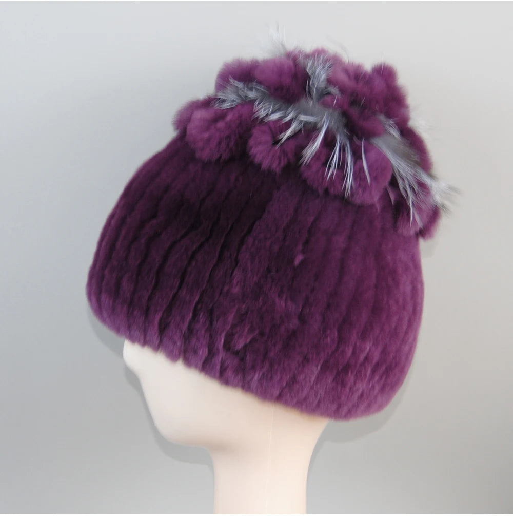 Fur Hats for Women Winter Real Rex Rabbit Hat Fox Fur Knit Female
