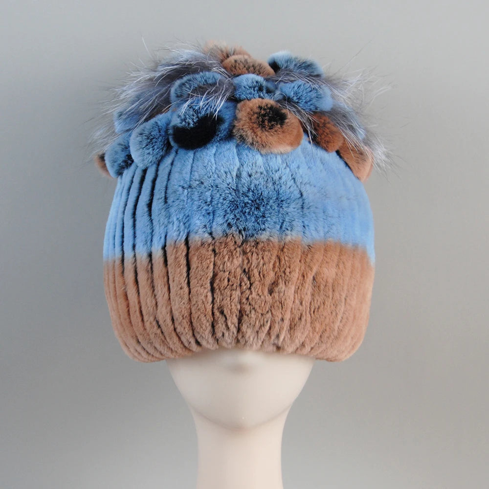 Fur Hats for Women Winter Real Rex Rabbit Hat Fox Fur Knit Female