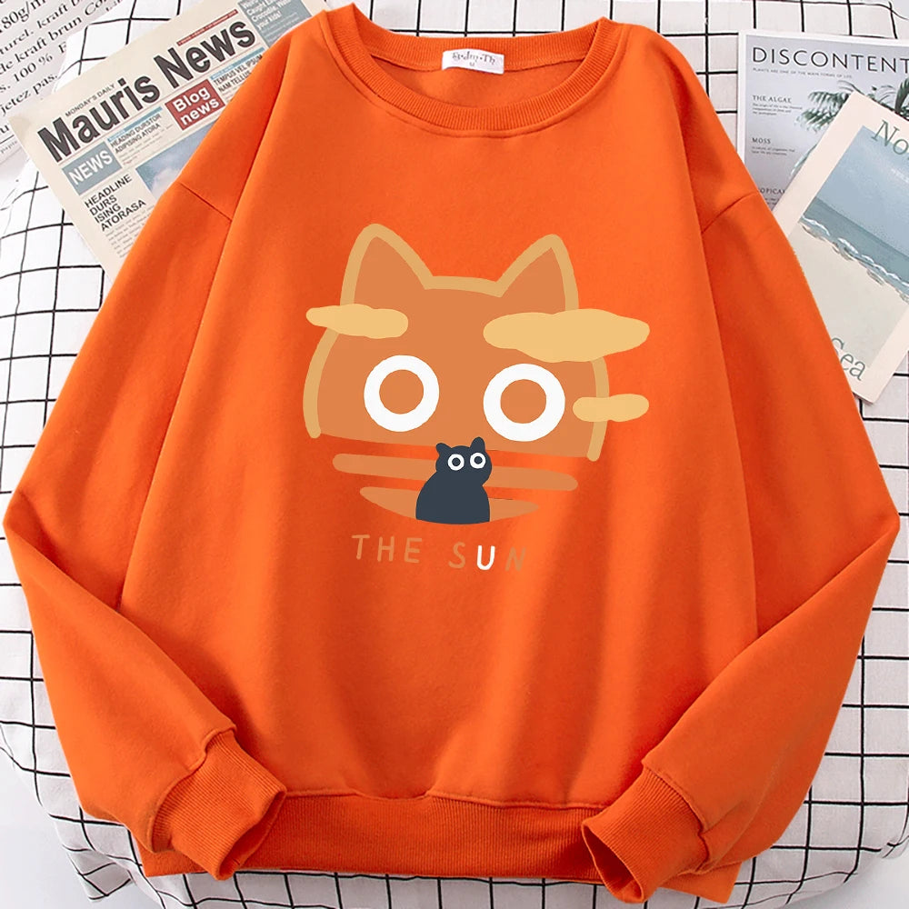 The Sun Orange Cat Fun Cute Print Cartoons Hoody Men Loose