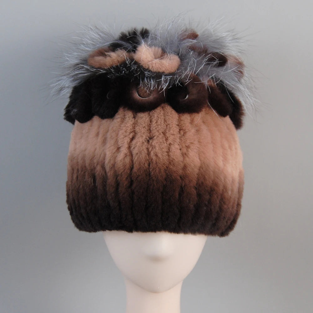 Fur Hats for Women Winter Real Rex Rabbit Hat Fox Fur Knit Female