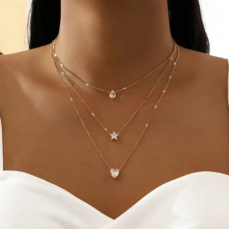 Multilayer Pendant Necklace on Neck Chain Women Crystal Zircon