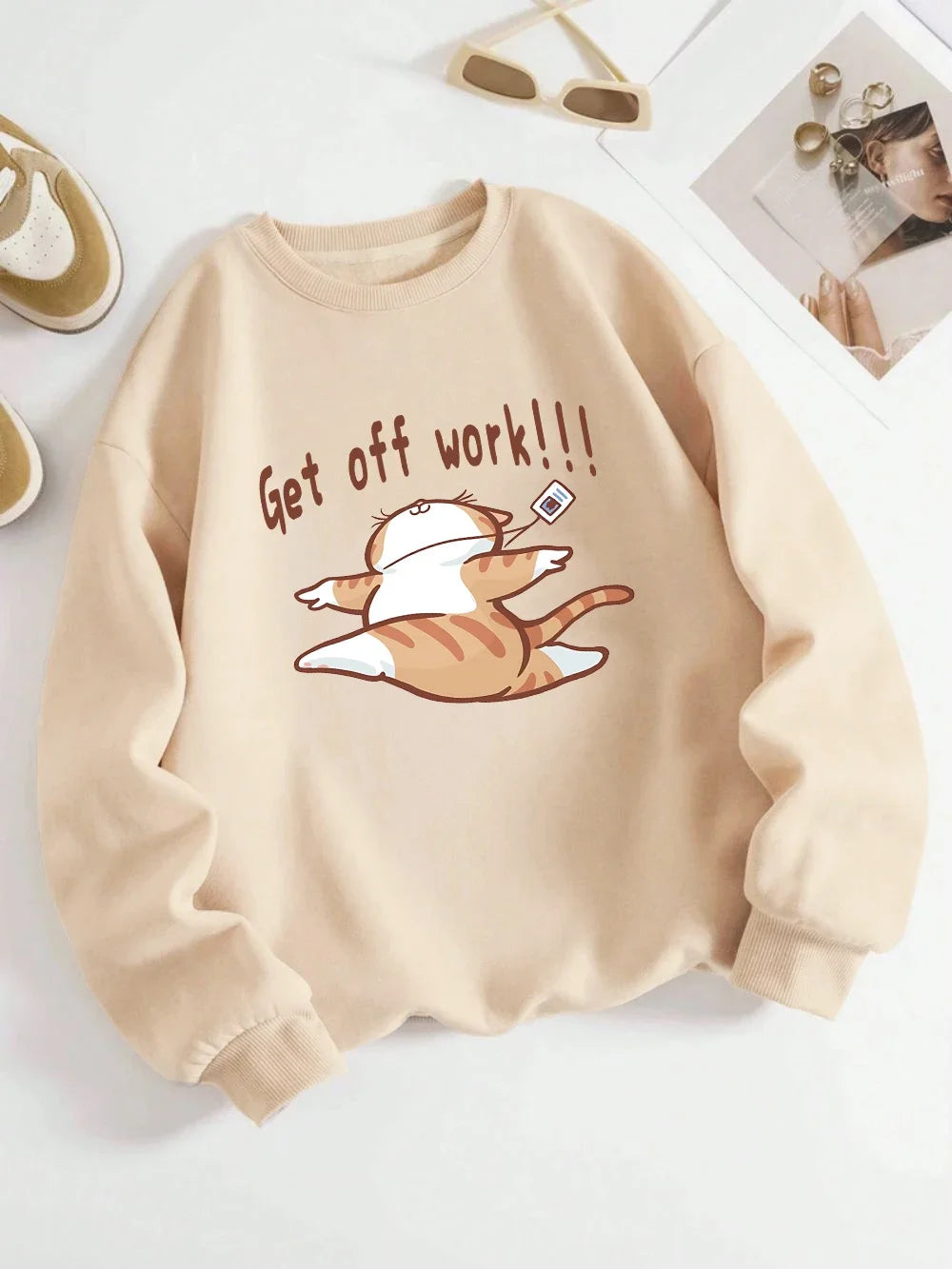 Get Off Work Happy Cat Prints Hoodies Women Winter Basics