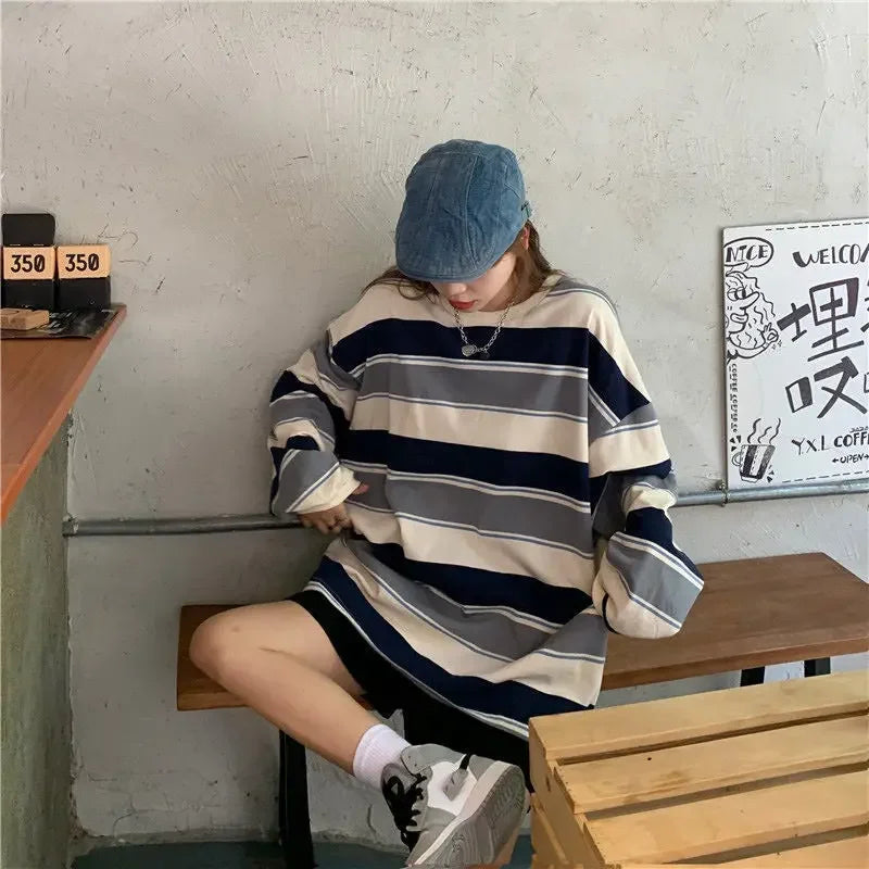 Women's Autumn T-shirt Striped Top Sweatshirt 2024 Korean