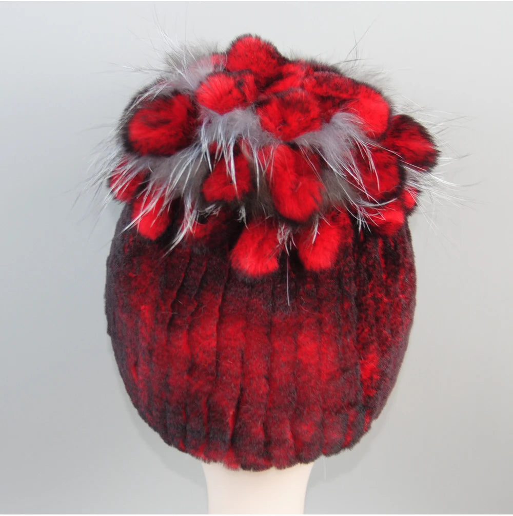 Fur Hats for Women Winter Real Rex Rabbit Hat Fox Fur Knit Female