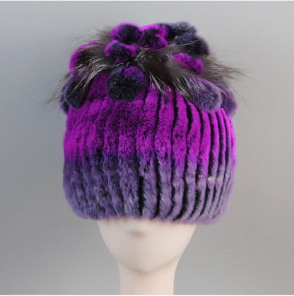 Fur Hats for Women Winter Real Rex Rabbit Hat Fox Fur Knit Female