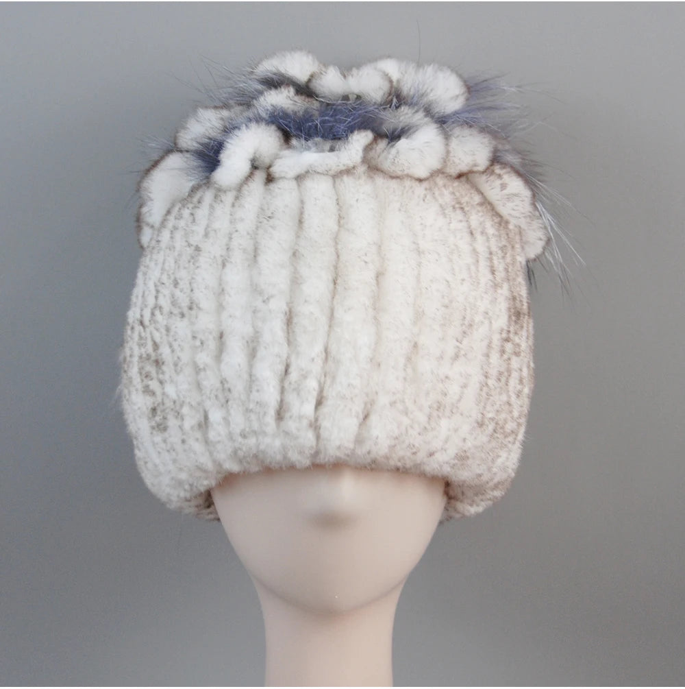 Fur Hats for Women Winter Real Rex Rabbit Hat Fox Fur Knit Female