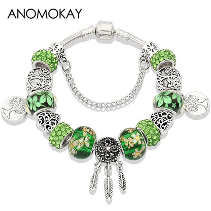 Antique  Silver Tree of Life Charm Bracelets Green Crystal Flower