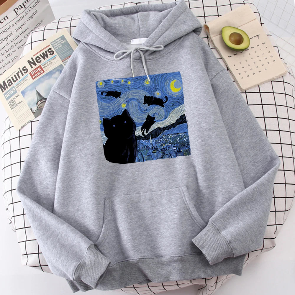 The Starry Cat Night Printing Hoodies Men Autumn Oversize Hoodie