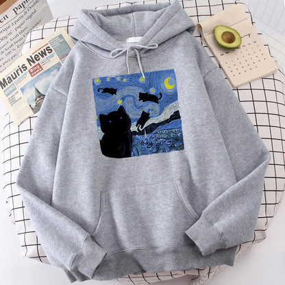The Starry Cat Night Printing Hoodies Men Autumn Oversize Hoodie