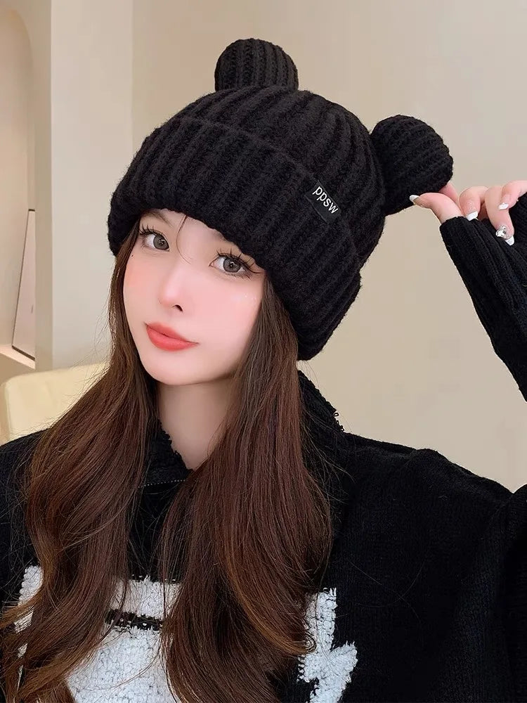 Cute Bear Ear Knitted Wool Hat Women Fashion Hooded Thick