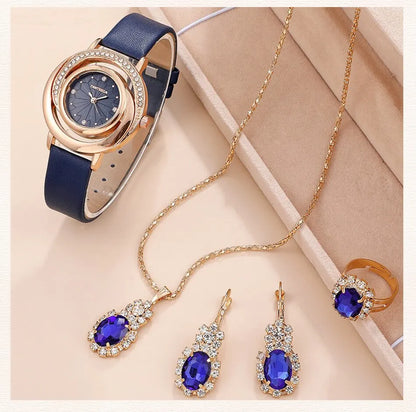 Luxury Watch Women Ring Necklace Earring Rhinestone Fashion