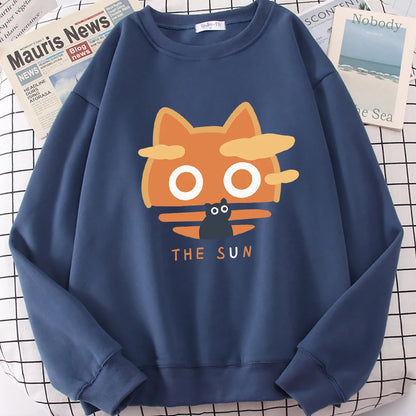 The Sun Orange Cat Fun Cute Print Cartoons Hoody Men Loose