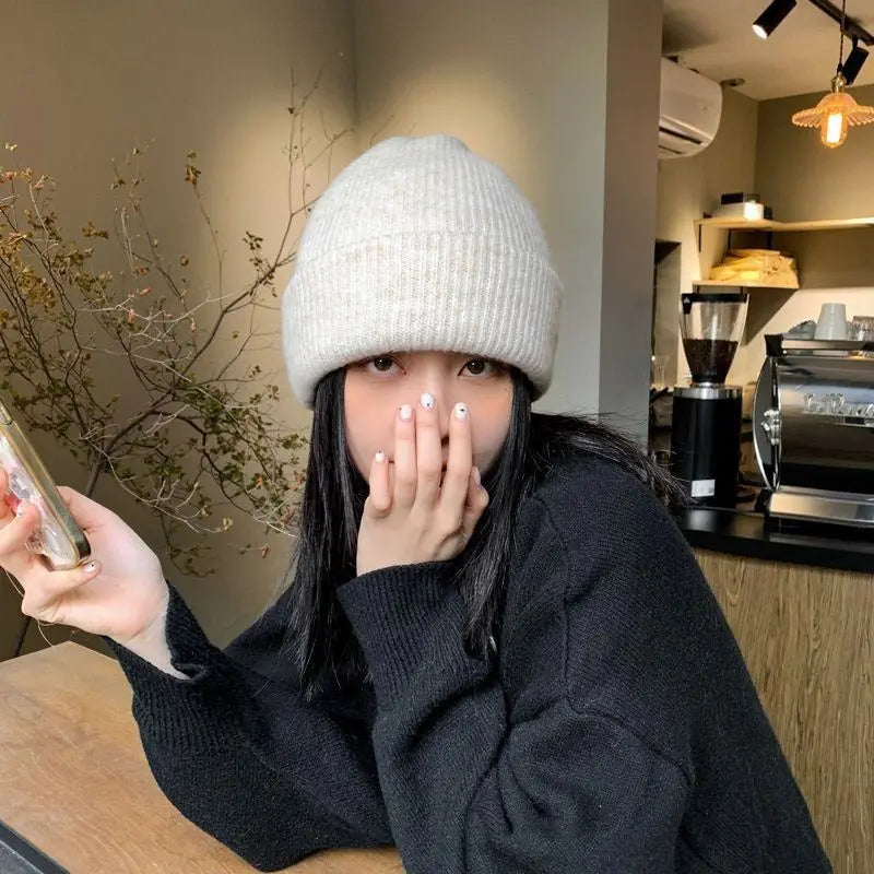 Winter Hats Woman Soft Knit Beanie Warm Rabbit Fur Hat Solid