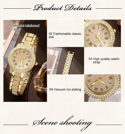 Golden Watch Women Ring Necklace Earrings Rhinestone Fashion