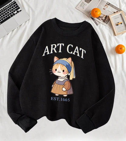 Girl with A Pearl Earring Art Cat Cartoon Print Womens Sweatshirt
