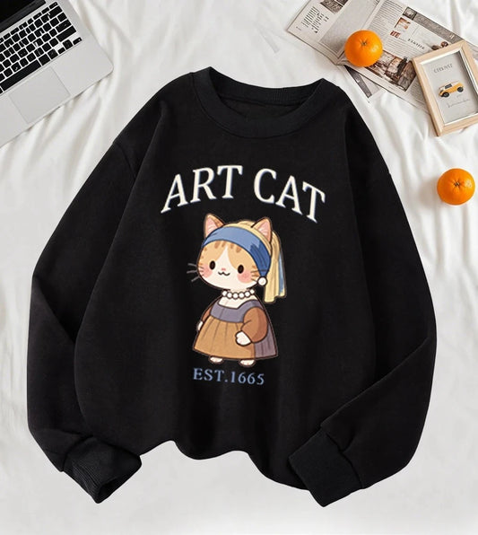 Girl with A Pearl Earring Art Cat Cartoon Print Womens Sweatshirt