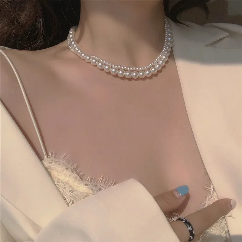 New Beads Women's Neck Chain Kpop Pearl Choker Necklace