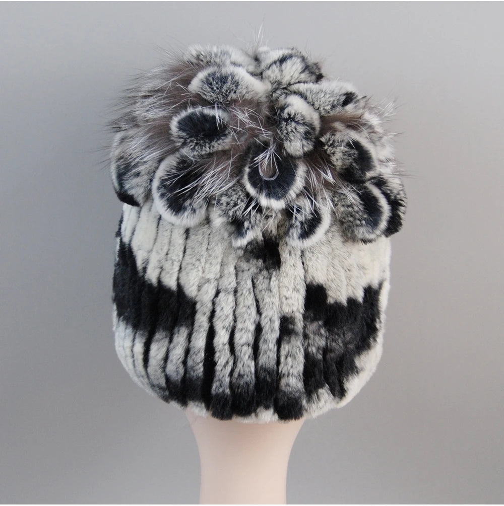Fur Hats for Women Winter Real Rex Rabbit Hat Fox Fur Knit Female