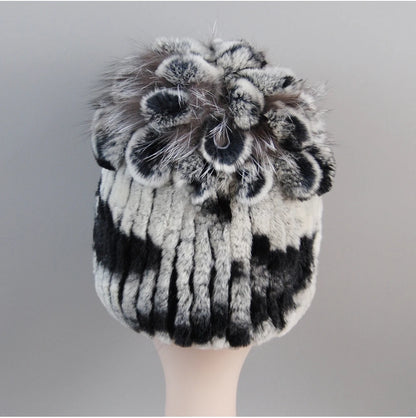 Fur Hats for Women Winter Real Rex Rabbit Hat Fox Fur Knit Female