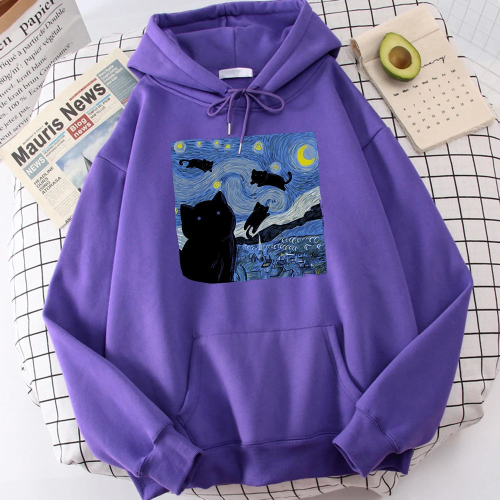 The Starry Cat Night Printing Hoodies Men Autumn Oversize Hoodie