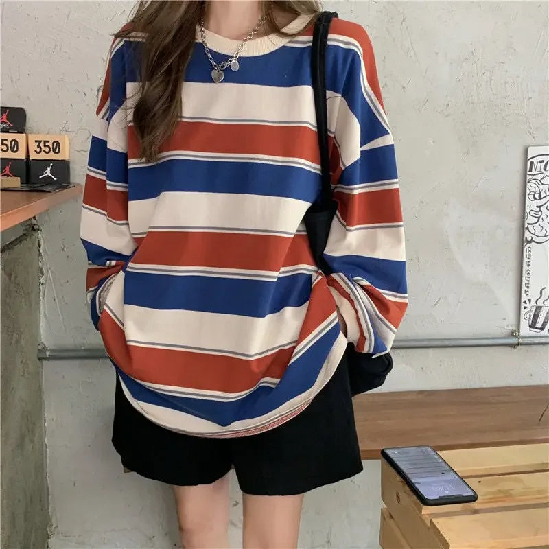 Women's Autumn T-shirt Striped Top Sweatshirt 2024 Korean