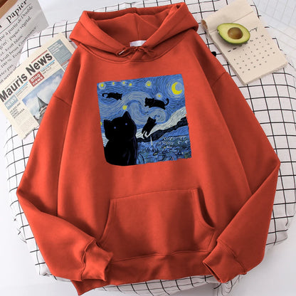 The Starry Cat Night Printing Hoodies Men Autumn Oversize Hoodie