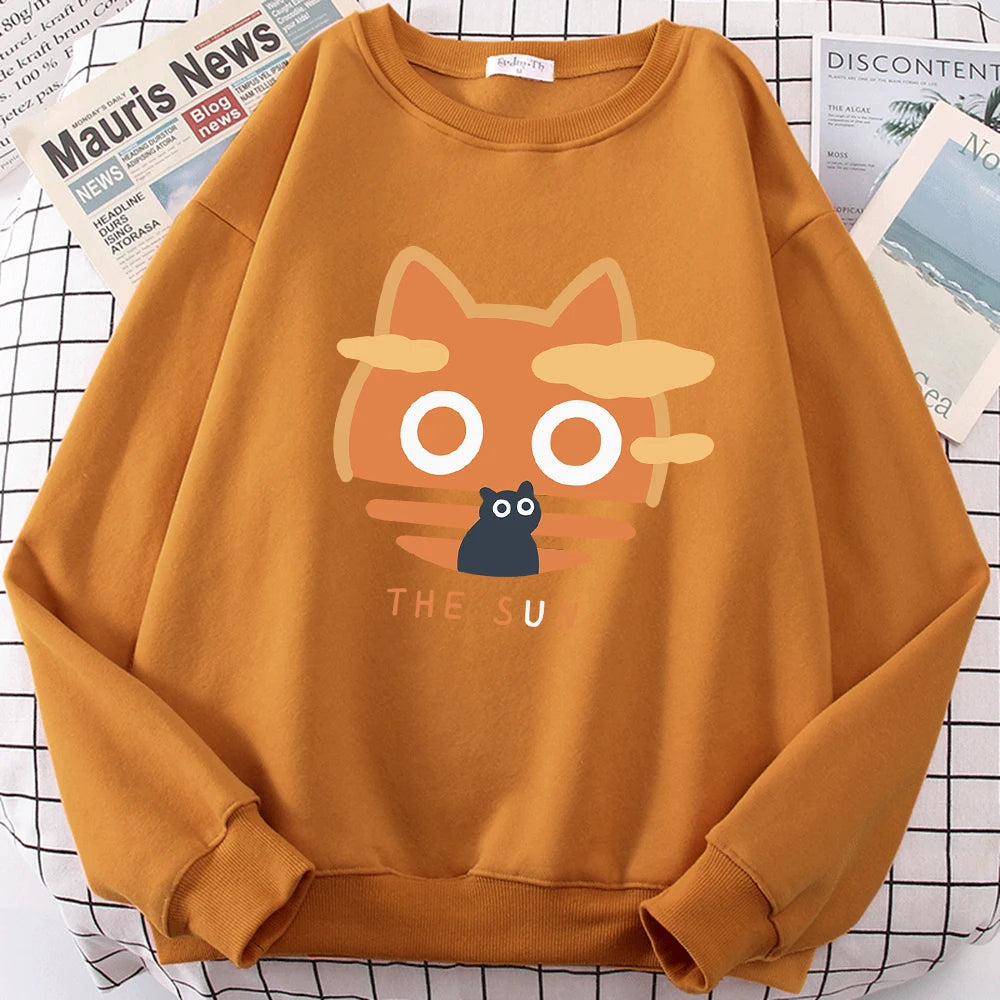 The Sun Orange Cat Fun Cute Print Cartoons Hoody Men Loose