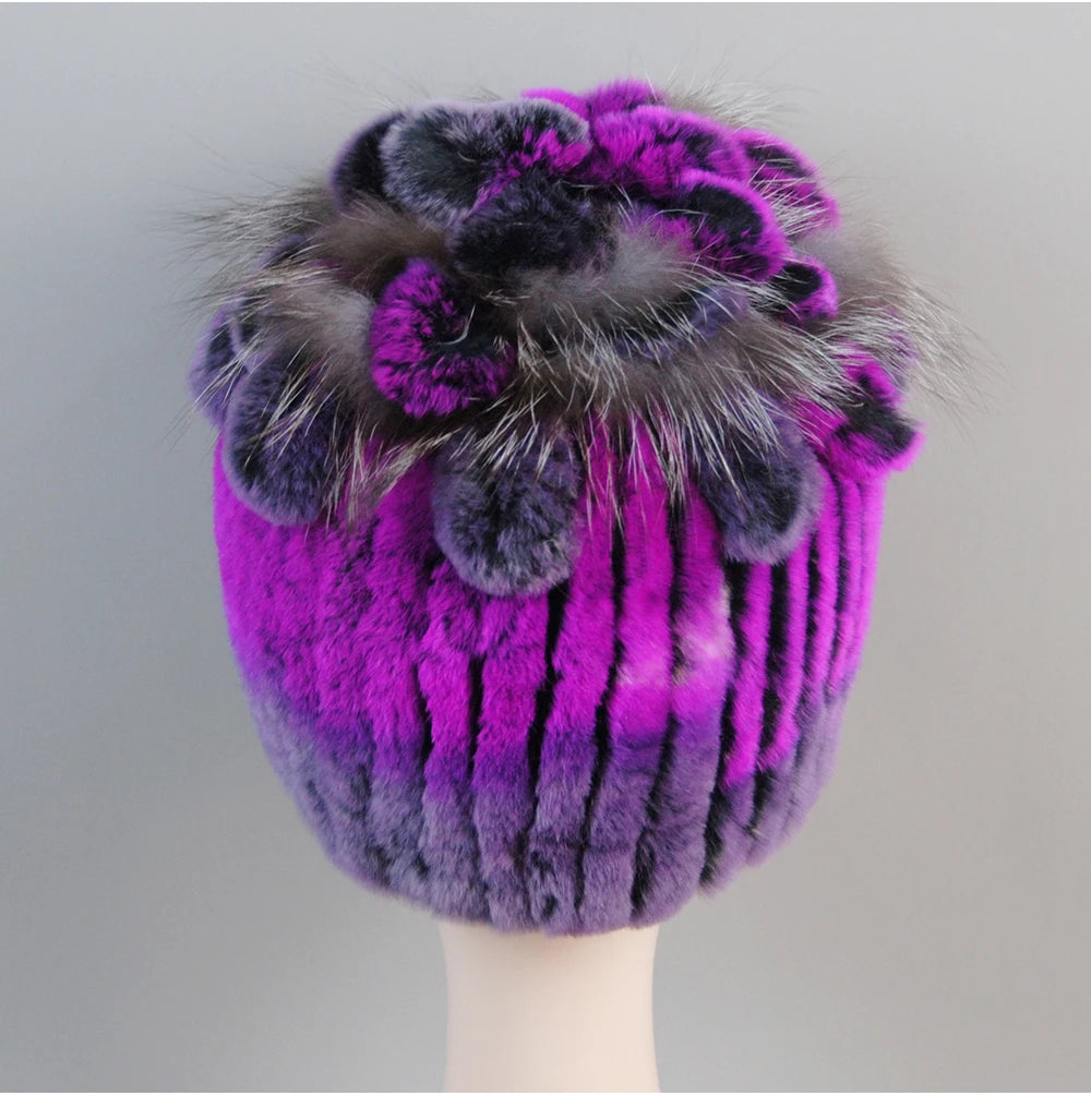 Fur Hats for Women Winter Real Rex Rabbit Hat Fox Fur Knit Female