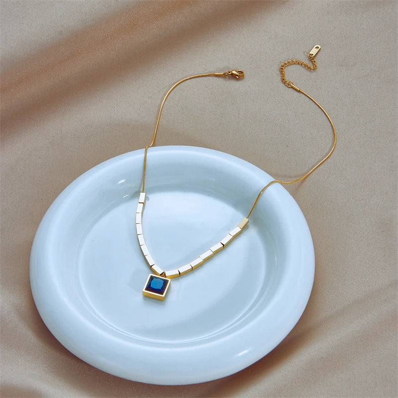 Stainless Steel Square Blue Zircon Necklace For Women