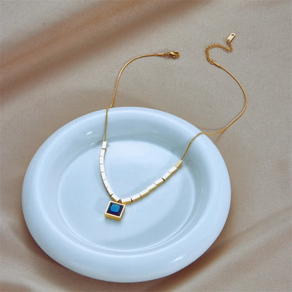 Stainless Steel Square Blue Zircon Necklace For Women