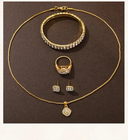 Golden Watch Women Ring Necklace Earrings Rhinestone Fashion