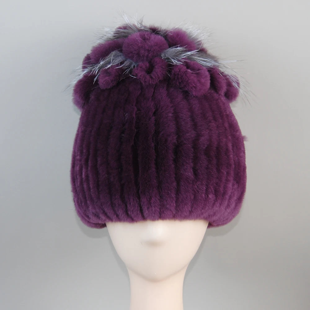 Fur Hats for Women Winter Real Rex Rabbit Hat Fox Fur Knit Female