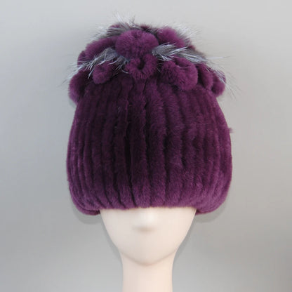Fur Hats for Women Winter Real Rex Rabbit Hat Fox Fur Knit Female