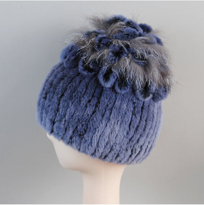 Fur Hats for Women Winter Real Rex Rabbit Hat Fox Fur Knit Female