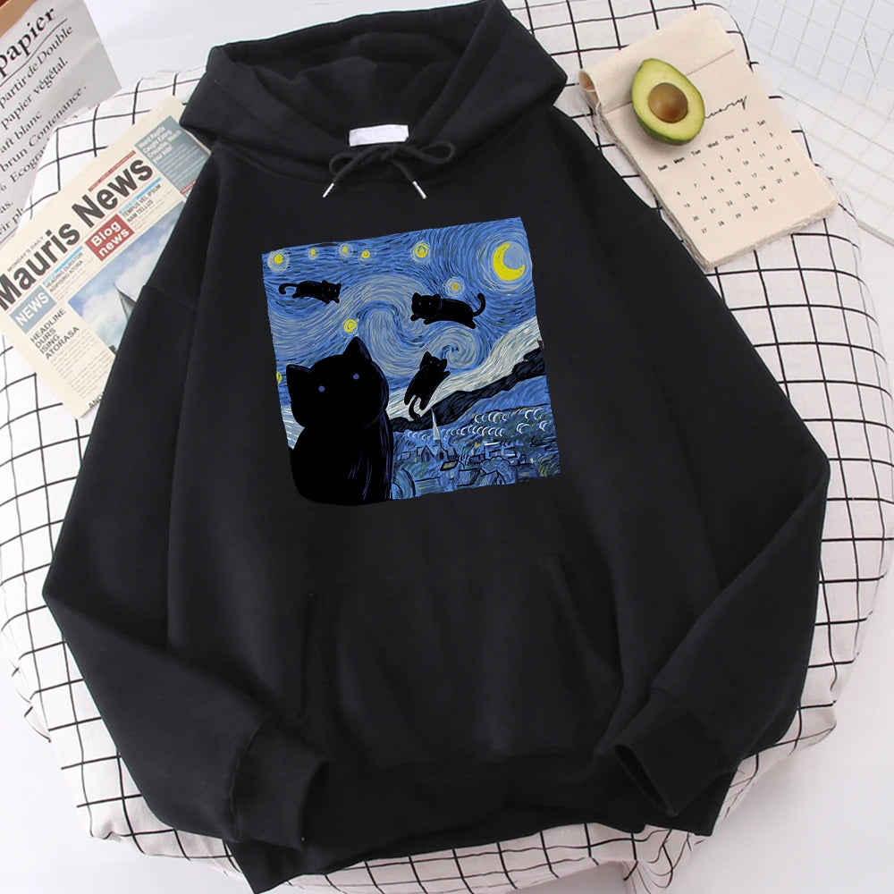 The Starry Cat Night Printing Hoodies Men Autumn Oversize Hoodie