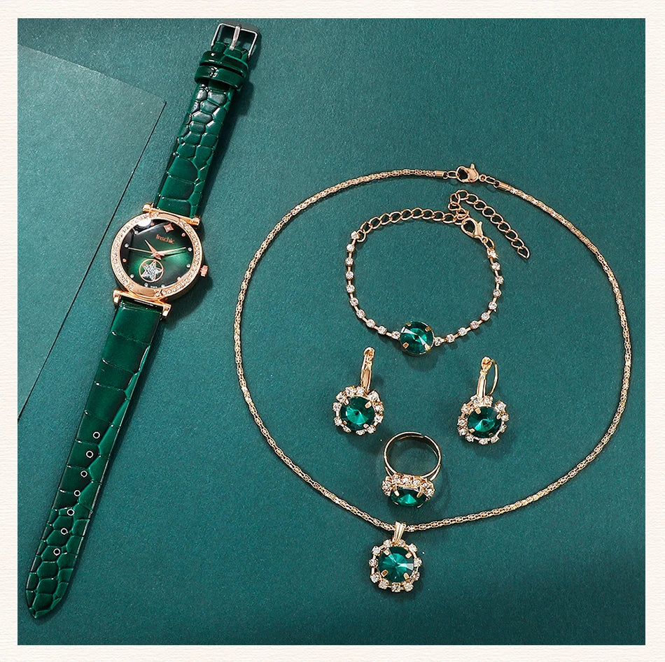 Green Luxury Quartz Watch Women Ring Necklace Earring Rhinestone