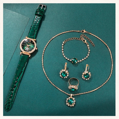 Green Luxury Quartz Watch Women Ring Necklace Earring Rhinestone