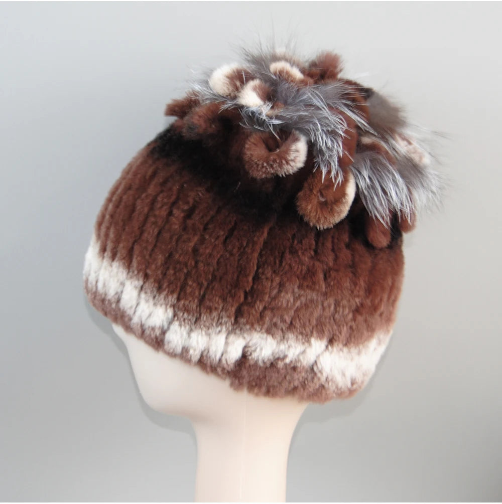 Fur Hats for Women Winter Real Rex Rabbit Hat Fox Fur Knit Female