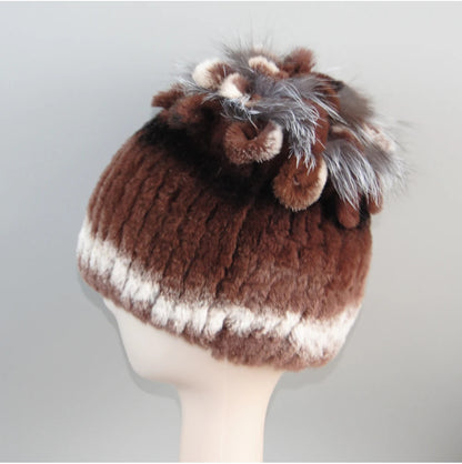 Fur Hats for Women Winter Real Rex Rabbit Hat Fox Fur Knit Female