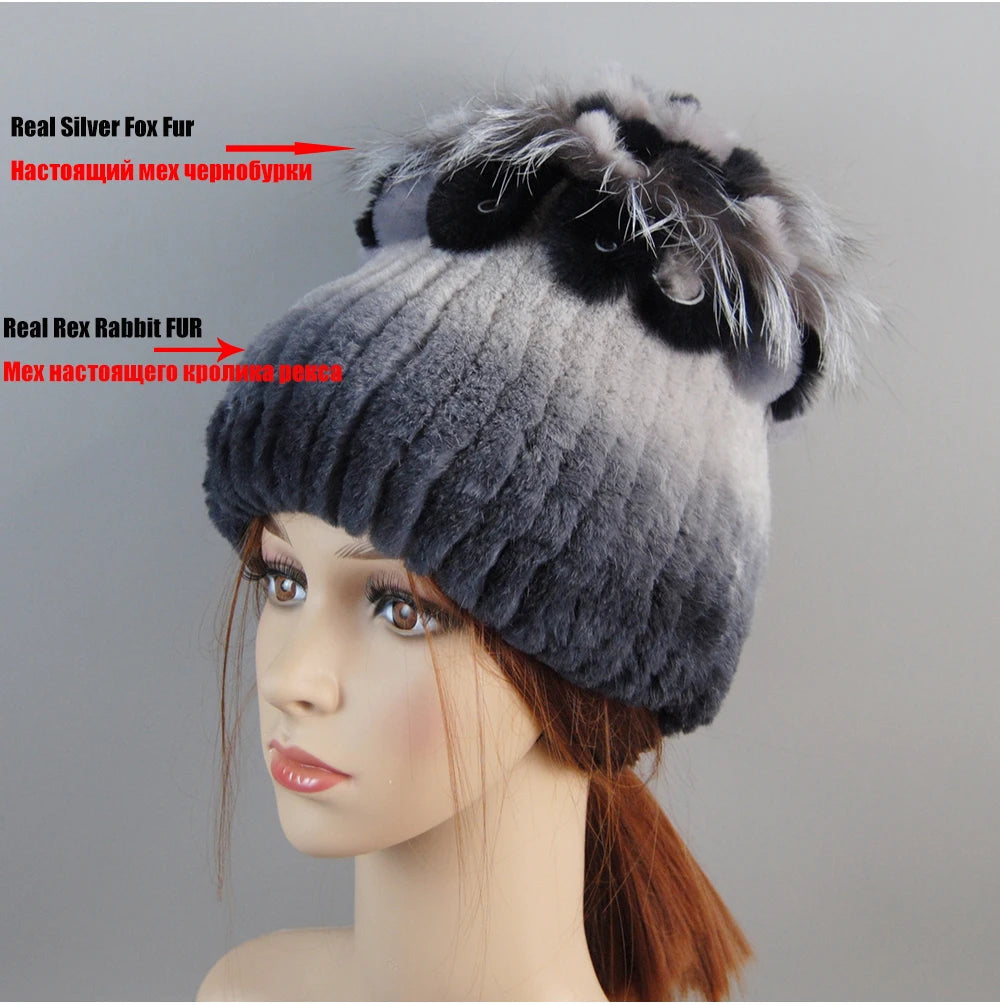 Fur Hats for Women Winter Real Rex Rabbit Hat Fox Fur Knit Female