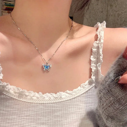 LATS Romantic Blue Crystal Butterfly Necklace for Women Girls Simple