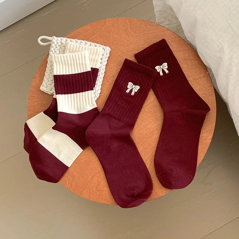 Women's Cherry Color Trendy Striped Autumn and Winter