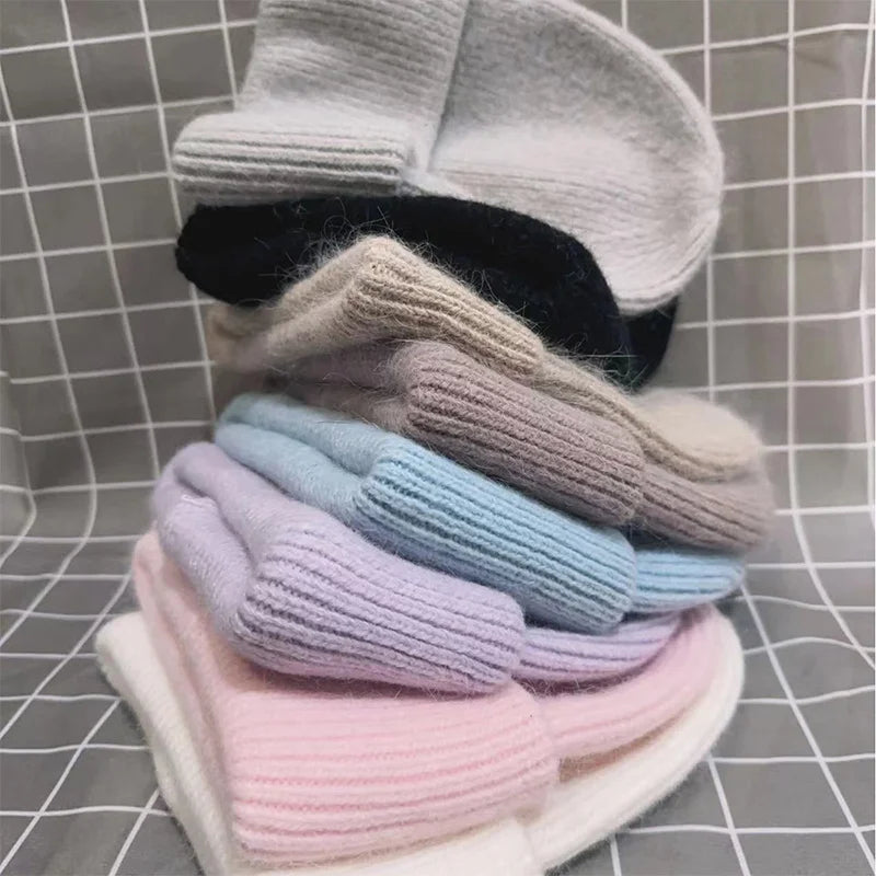 Winter Hats Woman Soft Knit Beanie Warm Rabbit Fur Hat Solid