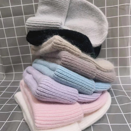 Winter Hats Woman Soft Knit Beanie Warm Rabbit Fur Hat Solid