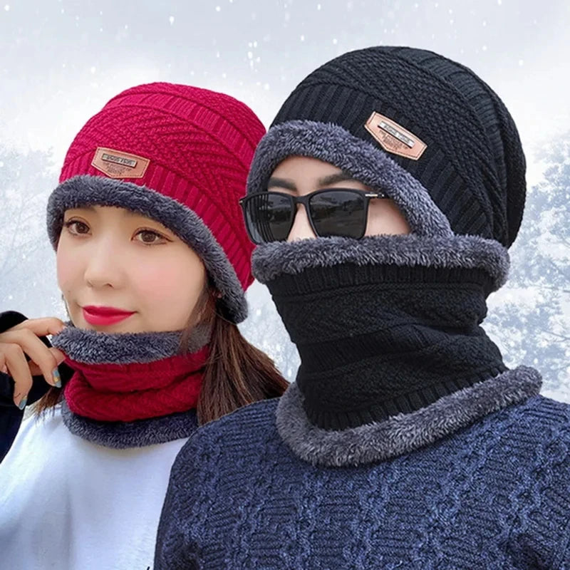 Winter Hat For Men Fleece Scarf Women Neck Leather Knitted