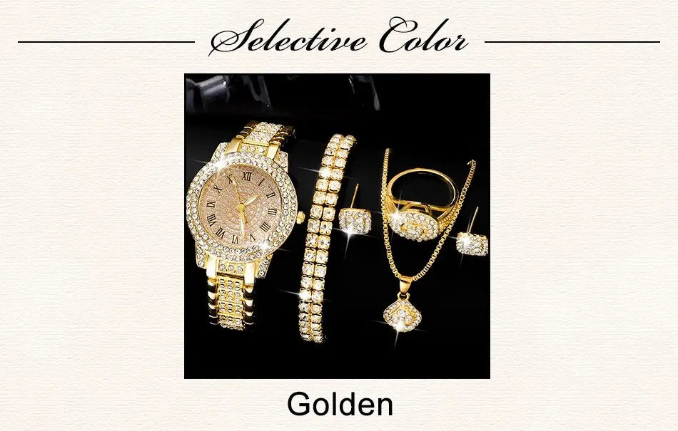 Golden Watch Women Ring Necklace Earrings Rhinestone Fashion