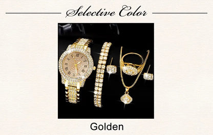 Golden Watch Women Ring Necklace Earrings Rhinestone Fashion