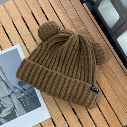 Cute Bear Ear Knitted Wool Hat Women Fashion Hooded Thick
